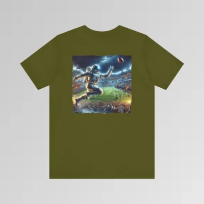 An olive colored graphic tee with an image of an astronaut leaping high above crowds in a football stadium at night, about to catch a football, on the back of the tee. The background is warped, as if the astronaut is moving at super-human speeds.