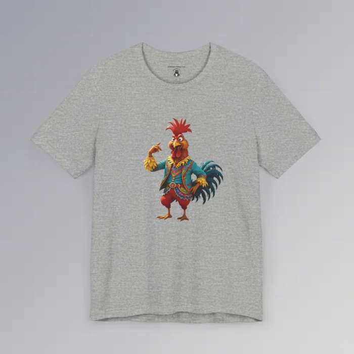 An Athletic Heather t-shirt with anthropomorphic chicken, in red pants, and a blue, red, and gold Spanish style suit, looking cocky, and pointing to itself.