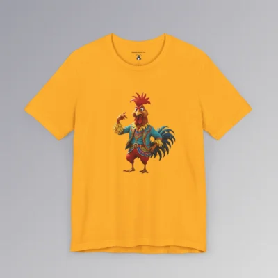 An gold t-shirt with anthropomorphic chicken, in red pants, and a blue, red, and gold Spanish style suit, looking cocky, and pointing to itself.