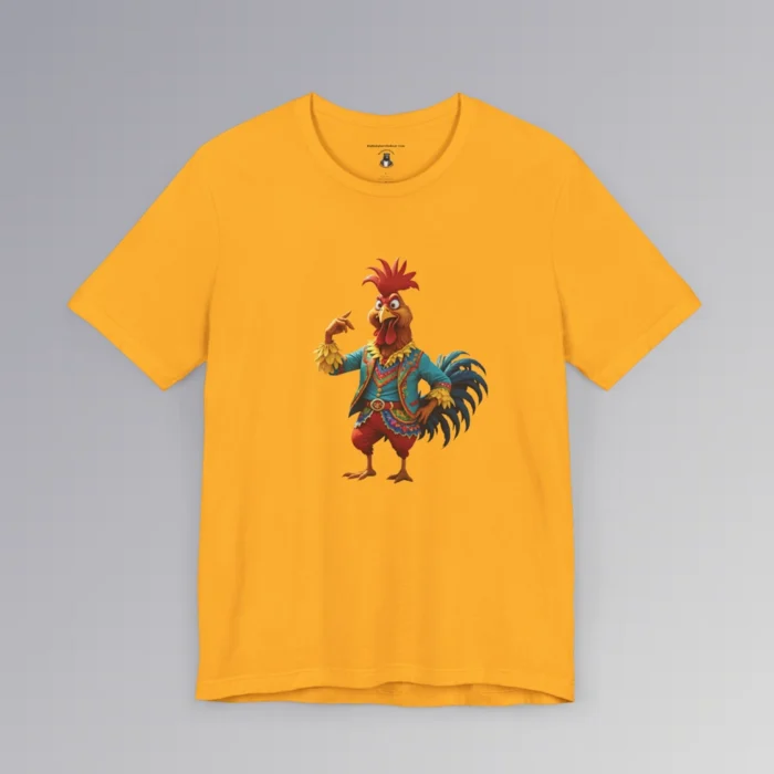 An gold t-shirt with anthropomorphic chicken, in red pants, and a blue, red, and gold Spanish style suit, looking cocky, and pointing to itself.