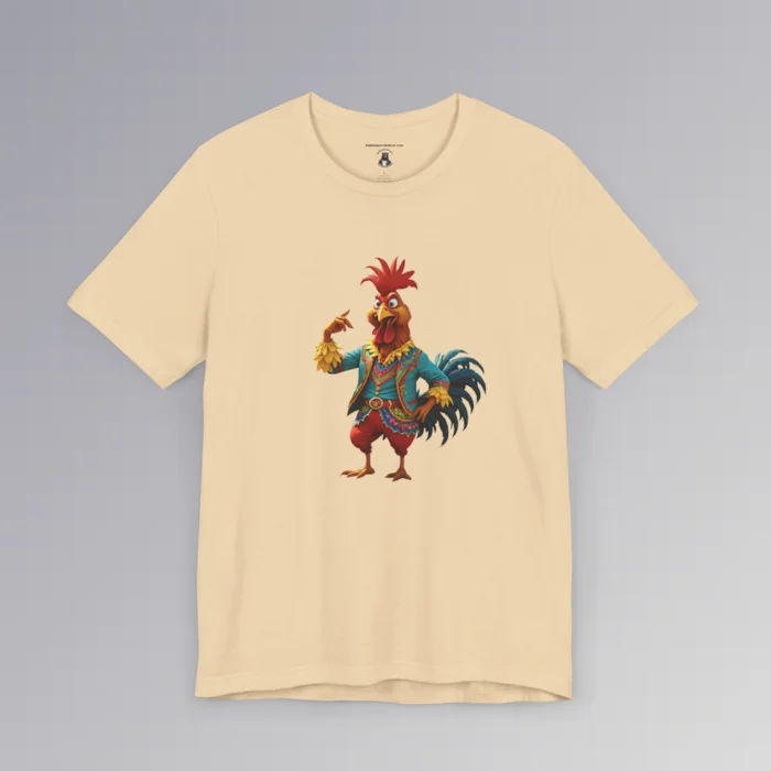 An soft cream t-shirt with anthropomorphic chicken, in red pants, and a blue, red, and gold Spanish style suit, looking cocky, and pointing to itself.