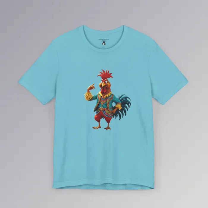 An turquoise t-shirt with anthropomorphic chicken, in red pants, and a blue, red, and gold Spanish style suit, looking cocky, and pointing to itself.