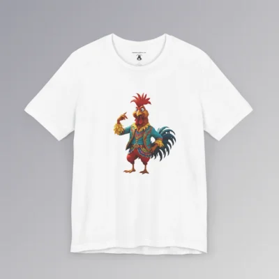 An white t-shirt with anthropomorphic chicken, in red pants, and a blue, red, and gold Spanish style suit, looking cocky, and pointing to itself.