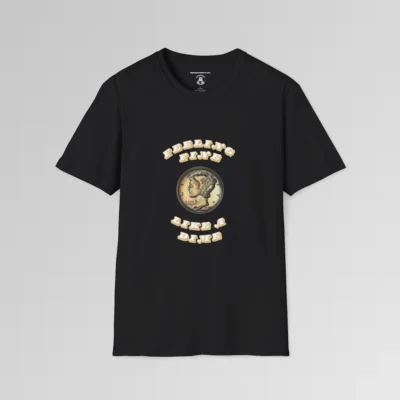 A black shirt with an image of a mint 1936 USA dime, and the words "Feeling Fine" above the image, and "Like a Dime" beneath the image, in a font that is 3-d, with the letters protruding forward. The font color is white, with tan sides.