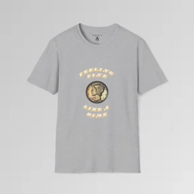 A sport grey shirt with an image of a mint 1936 USA dime, and the words "Feeling Fine" above the image, and "Like a Dime" beneath the image, in a font that is 3-d, with the letters protruding forward. The font color is white, with tan sides.