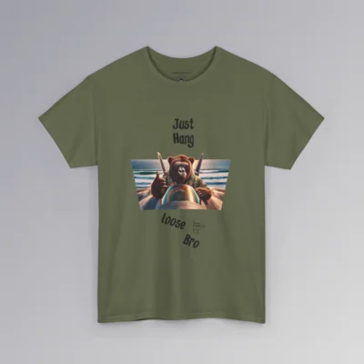 The "Just Hang Loose" BigBabyGorillaBear.Com signature t-shirts. This shirt has one of our iconic gorilla bear creatures riding on top of a fighter jet, throwing a hang loose hand gesture. The background is a beach and ocean the jet is flying over. Above the image it says "Just Hang" and beneath the image, the font is angled down about 30 degrees, and says "Loose Bro" with a clipart of a hand gesture next to loose". Tee color is military green.