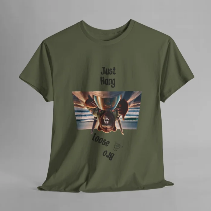 A military green colored graphic tee with one of our iconic bear-gorilla hybrid creatures riding on top of a fighter over a beach. The image is turned upside down, and in the shape of an upside down trapezoid. Above the image is writing that says " Just Hang", and beneath the image it says "Loose Bro" at an angle, and with a hang-loose hand gesture clip art.