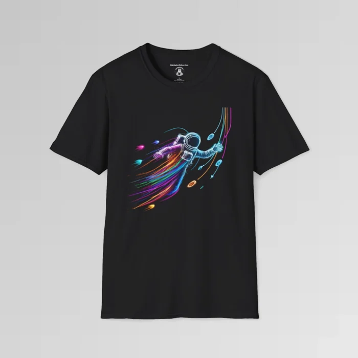 A black t-shirt mockup with a multi-colored neon outlined astronaut, appearing to soar near various shaped multi-colored orbs, as if warping through time at lightspeed.