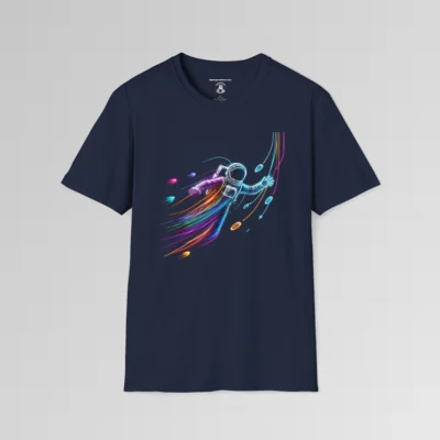 A navy t-shirt mockup with a multi-colored neon outlined astronaut, appearing to soar near various shaped multi-colored orbs, as if warping through time at lightspeed.