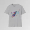 A sport grey t-shirt mockup with a multi-colored neon outlined astronaut, appearing to soar near various shaped multi-colored orbs, as if warping through time at lightspeed.