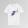 A white t-shirt mockup with a multi-colored neon outlined astronaut, appearing to soar near various shaped multi-colored orbs, as if warping through time at lightspeed.