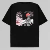 Backside: A black t-shirt with a grey outlined samurai soldier hold out a sword, with cherry tree blossoms in the background, and a calm lake reflecting the colors. A red sun is setting behind the Samurai's head. At the bottom, the shirt has text that reads "Honor Until Death".