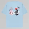 Backside: A Light Blue t-shirt with a black outlined samurai soldier hold out a sword, with cherry tree blossoms in the background, and a calm lake reflecting the colors. A red sun is setting behind the Samurai's head. At the bottom, the shirt has text that reads "Honor Until Death".