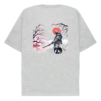 Backside: A sport grey t-shirt with a black outlined samurai soldier hold out a sword, with cherry tree blossoms in the background, and a calm lake reflecting the colors. A red sun is setting behind the Samurai's head. At the bottom, the shirt has text that reads "Honor Until Death".