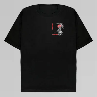 Frontside: A black tee with a grey outlined samurai holding out a sword, with a red sunset and a branch from a cherry tree behind him. In read writing there are the Japanese scripts for samurai and sakura.