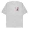 Frontside: A sport grey tee with a black outlined samurai holding out a sword, with a red sunset and a branch from a cherry tree behind him. In read writing there are the Japanese scripts for samurai and sakura.