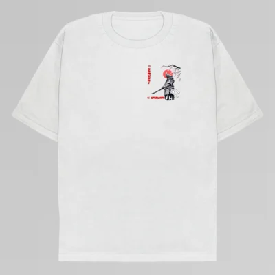 Frontside: A white tee with a black outlined samurai holding out a sword, with a red sunset and a branch from a cherry tree behind him. In read writing there are the Japanese scripts for samurai and sakura.