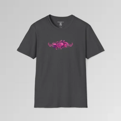 A dark heather shirt with a flower arrangement in a pattern similar to an intricate tribal tattoo, in shades of pinks and purples, displayed across the chest of the front of the shirt horizontally.