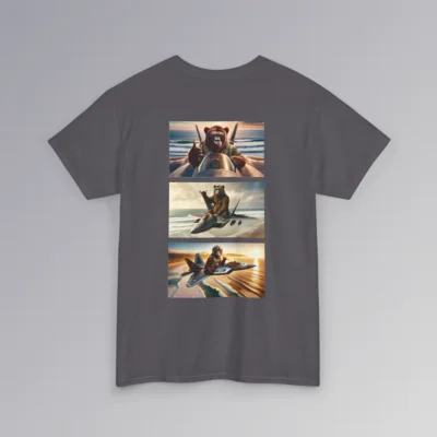 Backside of a charcoal t-shirt with three images of our iconic gorilla-bear hybrids, each atop a fighter jet flying over a beach, giving a classic "Hang Loose" hand gesture.
