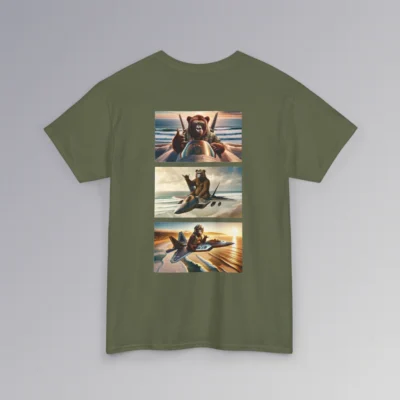 Backside of a military green t-shirt with three images of our iconic gorilla-bear hybrids, each atop a fighter jet flying over a beach, giving a classic "Hang Loose" hand gesture.