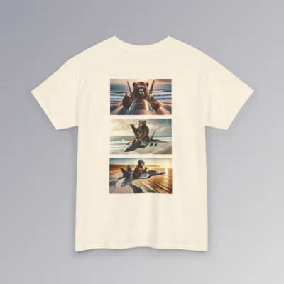 Backside of a natural t-shirt with three images of our iconic gorilla-bear hybrids, each atop a fighter jet flying over a beach, giving a classic "Hang Loose" hand gesture.