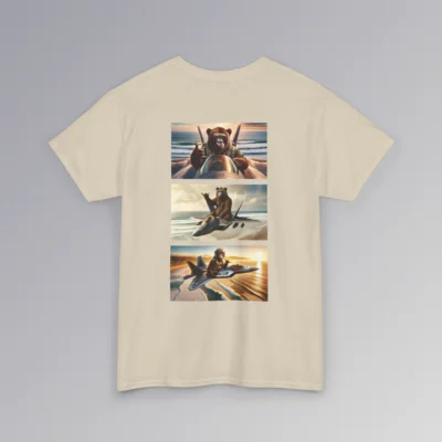 Backside of a sand t-shirt with three images of our iconic gorilla-bear hybrids, each atop a fighter jet flying over a beach, giving a classic "Hang Loose" hand gesture.