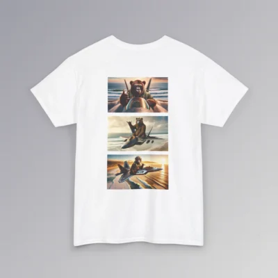 Backside of a white t-shirt with three images of our iconic gorilla-bear hybrids, each atop a fighter jet flying over a beach, giving a classic "Hang Loose" hand gesture.