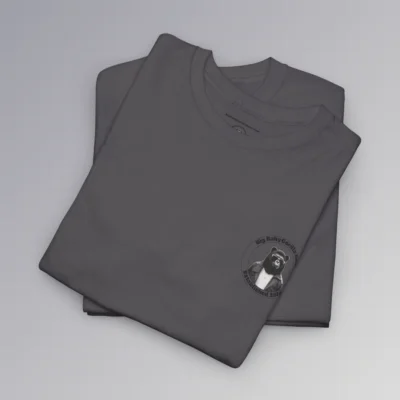 Frontside of a folded charcoal tee, with the circular Big Baby gorilla Bear 2024 logo, with two circles, and on the inside, the image of our iconic mascot in leather jacket and shades. Between the inner circles of the logo, on the top is the brand name, and on the bottom it says "established 2024".
