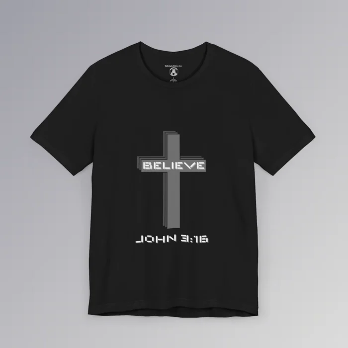 A black colored "Believe 3:16", with a 3D stacked cross graphic and the words "Believe" and "John 3:16" on the front.