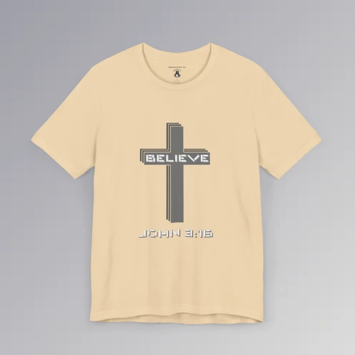 A cream colored "Believe 3:16", with a 3D stacked cross graphic and the words "Believe" and "John 3:16" on the front.