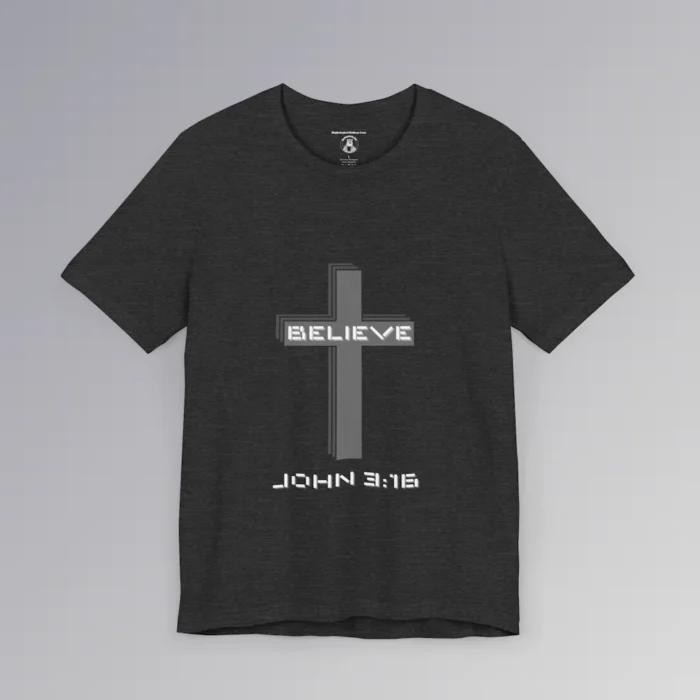 A dark heather colored "Believe 3:16", with a 3D stacked cross graphic and the words "Believe" and "John 3:16" on the front.