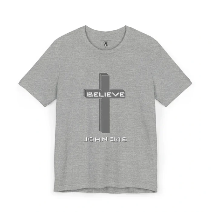 A heather colored "Believe 3:16", with a 3D stacked cross graphic and the words "Believe" and "John 3:16" on the front.