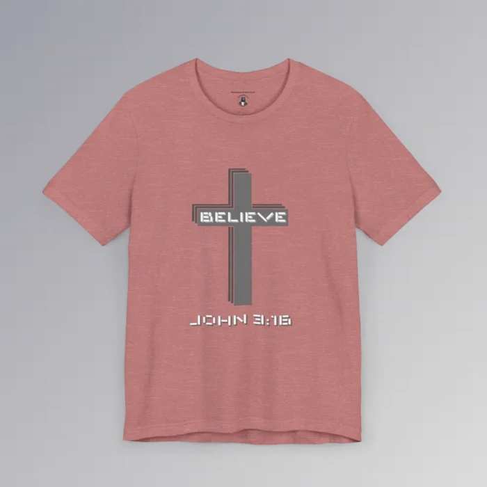 A heather mauve colored "Believe 3:16", with a 3D stacked cross graphic and the words "Believe" and "John 3:16" on the front.