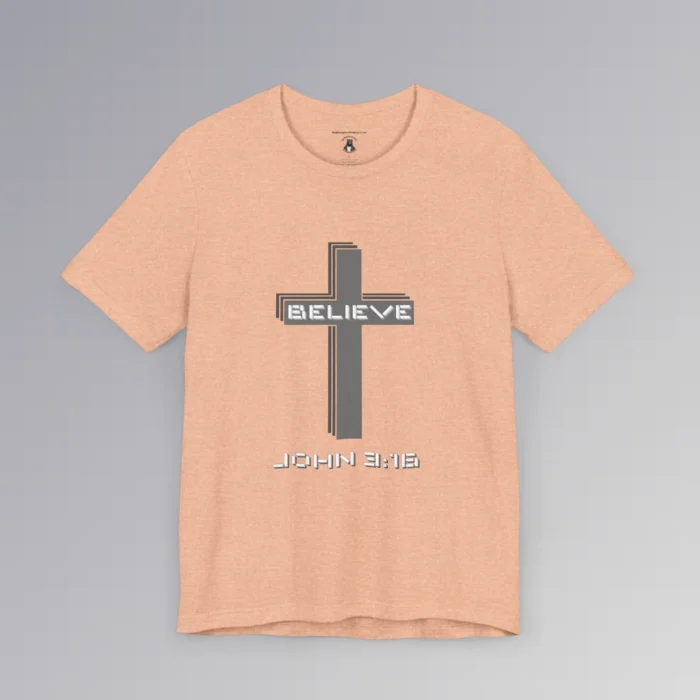 A heather peach colored "Believe 3:16", with a 3D stacked cross graphic and the words "Believe" and "John 3:16" on the front.