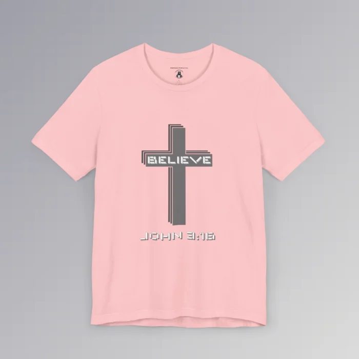 A pink colored "Believe 3:16", with a 3D stacked cross graphic and the words "Believe" and "John 3:16" on the front.