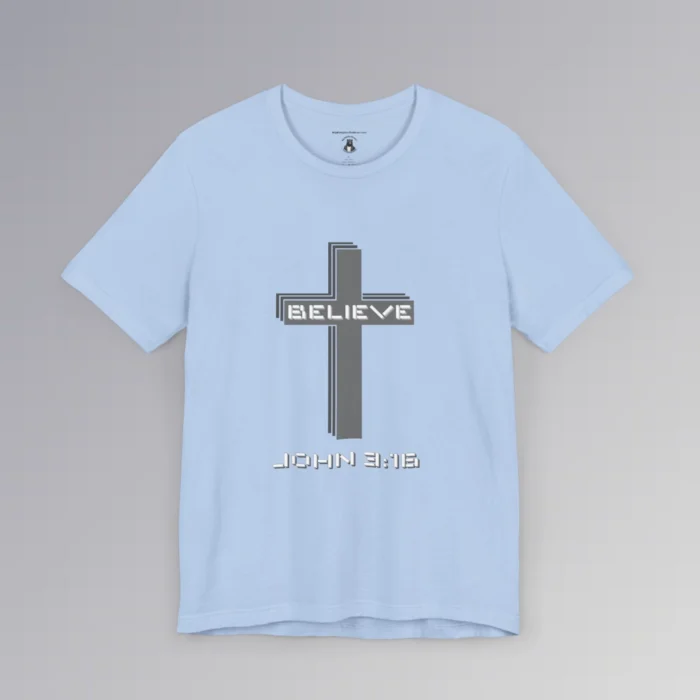 A soft blue colored "Believe 3:16", with a 3D stacked cross graphic and the words "Believe" and "John 3:16" on the front.