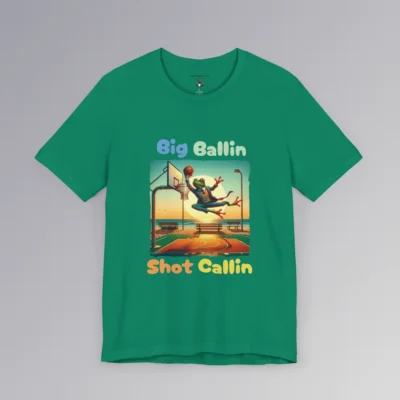 A Kelly colored shirt with a frog in a suit dunking a basketball, on a beach court with a big sun in the background, and the words "Big Ballin" above the graphic, and "Shot Callin" below the graphic. (Front of shirt).