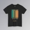 A T-shirt mockup with the Word "Break" in the Monoton font (a font with multiple lines making up words, similar to an old neon movie sign), and the words "Dancing" and "1980's Mode" beneath vertical colored bars (colors turquoise, green, yellow, orange, darker orange). At the end of the vertical bars, each color has a silhouette cut-out of a different dance or break dance move within the vertical bars. Front graphic - color black.