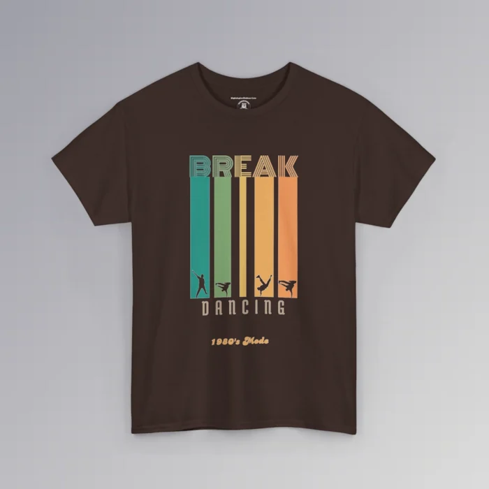 A T-shirt mockup with the Word "Break" in the Monoton font (a font with multiple lines making up words, similar to an old neon movie sign), and the words "Dancing" and "1980's Mode" beneath vertical colored bars (colors turquoise, green, yellow, orange, darker orange). At the end of the vertical bars, each color has a silhouette cut-out of a different dance or break dance move within the vertical bars. Front graphic - color chocolate.