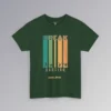 A T-shirt mockup with the Word "Break" in the Monoton font (a font with multiple lines making up words, similar to an old neon movie sign), and the words "Dancing" and "1980's Mode" beneath vertical colored bars (colors turquoise, green, yellow, orange, darker orange). At the end of the vertical bars, each color has a silhouette cut-out of a different dance or break dance move within the vertical bars. Front graphic - color forest green.