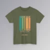 A T-shirt mockup with the Word "Break" in the Monoton font (a font with multiple lines making up words, similar to an old neon movie sign), and the words "Dancing" and "1980's Mode" beneath vertical colored bars (colors turquoise, green, yellow, orange, darker orange). At the end of the vertical bars, each color has a silhouette cut-out of a different dance or break dance move within the vertical bars. Front graphic - color military green.