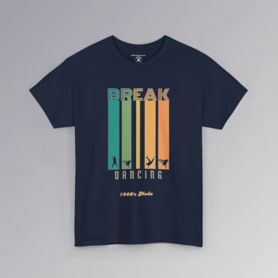 A T-shirt mockup with the Word "Break" in the Monoton font (a font with multiple lines making up words, similar to an old neon movie sign), and the words "Dancing" and "1980's Mode" beneath vertical colored bars (colors turquoise, green, yellow, orange, darker orange). At the end of the vertical bars, each color has a silhouette cut-out of a different dance or break dance move within the vertical bars. Front graphic - color navy.
