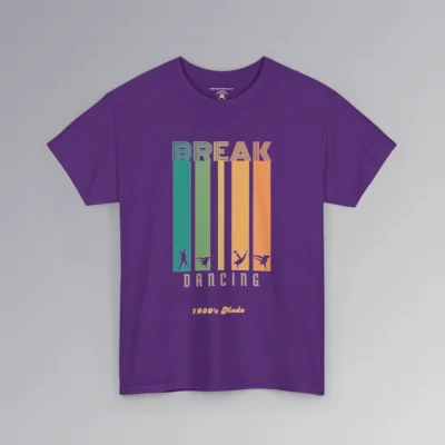 A T-shirt mockup with the Word "Break" in the Monoton font (a font with multiple lines making up words, similar to an old neon movie sign), and the words "Dancing" and "1980's Mode" beneath vertical colored bars (colors turquoise, green, yellow, orange, darker orange). At the end of the vertical bars, each color has a silhouette cut-out of a different dance or break dance move within the vertical bars. Front graphic - color purple.