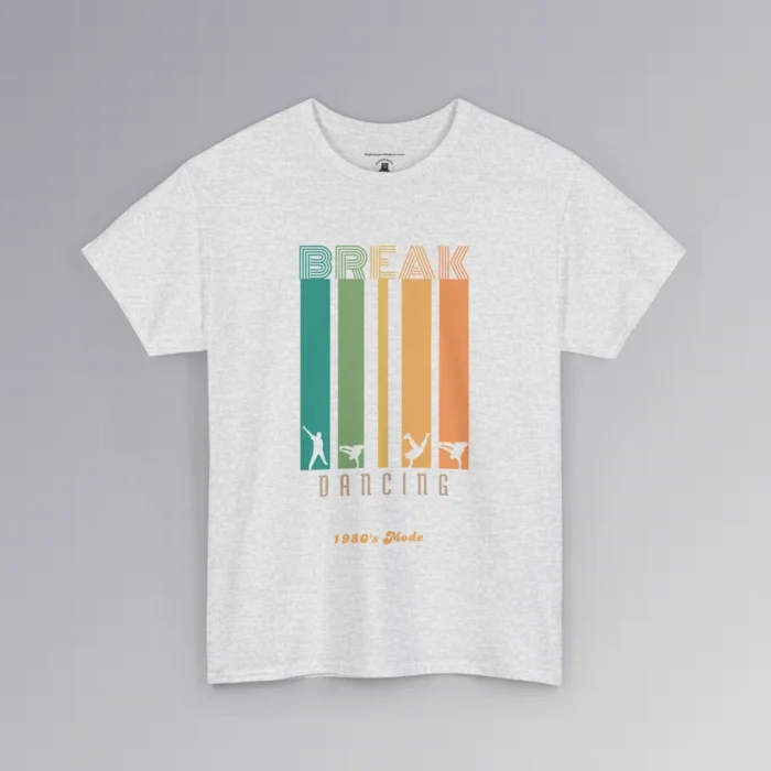 A T-shirt mockup with the Word "Break" in the Monoton font (a font with multiple lines making up words, similar to an old neon movie sign), and the words "Dancing" and "1980's Mode" beneath vertical colored bars (colors turquoise, green, yellow, orange, darker orange). At the end of the vertical bars, each color has a silhouette cut-out of a different dance or break dance move within the vertical bars. Front graphic - color ash.