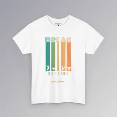 A T-shirt mockup with the Word "Break" in the Monoton font (a font with multiple lines making up words, similar to an old neon movie sign), and the words "Dancing" and "1980's Mode" beneath vertical colored bars (colors turquoise, green, yellow, orange, darker orange). At the end of the vertical bars, each color has a silhouette cut-out of a different dance or break dance move within the vertical bars. Front graphic - color white.