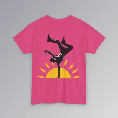 The BigBabyGorillaBear.Com "Kiss The Sun Breakdancing", heliconia colored, t-shirt, with a male model showing the backside of the shirt with a break-dancer silhouette doing a handstand with a sunshine graphic behind him.