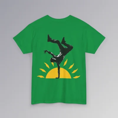 The BigBabyGorillaBear.Com "Kiss The Sun Breakdancing", Irish green colored, t-shirt, with a male model showing the backside of the shirt with a break-dancer silhouette doing a handstand with a sunshine graphic behind him.
