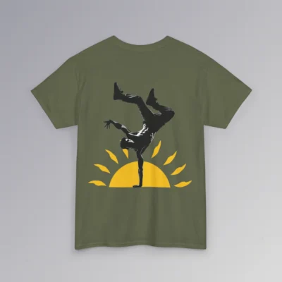 The BigBabyGorillaBear.Com "Kiss The Sun Breakdancing", military green colored, t-shirt, with a male model showing the backside of the shirt with a break-dancer silhouette doing a handstand with a sunshine graphic behind him.