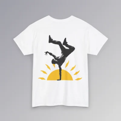 The BigBabyGorillaBear.Com "Kiss The Sun Breakdancing", white colored, t-shirt, with a male model showing the backside of the shirt with a break-dancer silhouette doing a handstand with a sunshine graphic behind him.