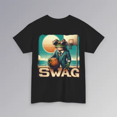 The "SWAG Frog Backside" men's classic t-shirt, with a frog in a business suit, holding a basketball, on a beach basketball court, with the sun in the background and creative font that says "SWAG" at the bottom of the graphic. Graphic on the backside; color black.